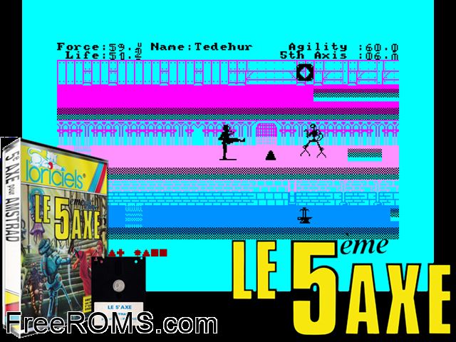 5eme Axe, Le (F) (1985) [T-English] Amstrad CPC game showing 3D box cover and gameplay screenshot